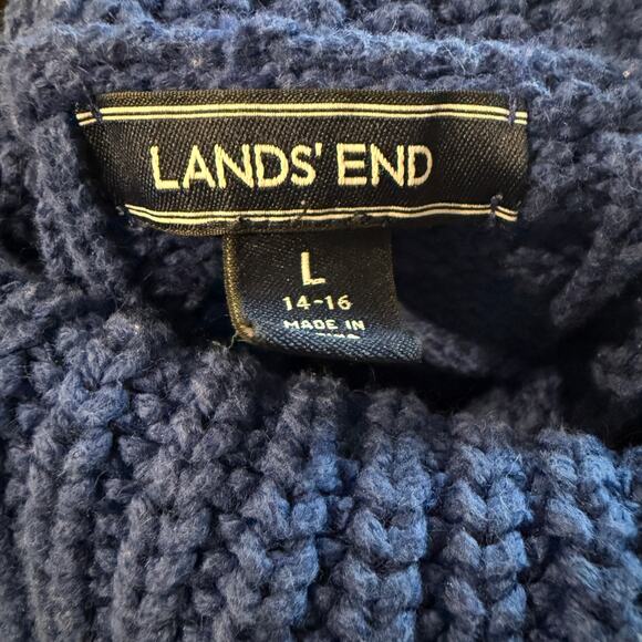 Lands End Wool Blend Royal Blue Chunky Cable Knit Turtleneck Sweater Women Large - Picture 5 of 8